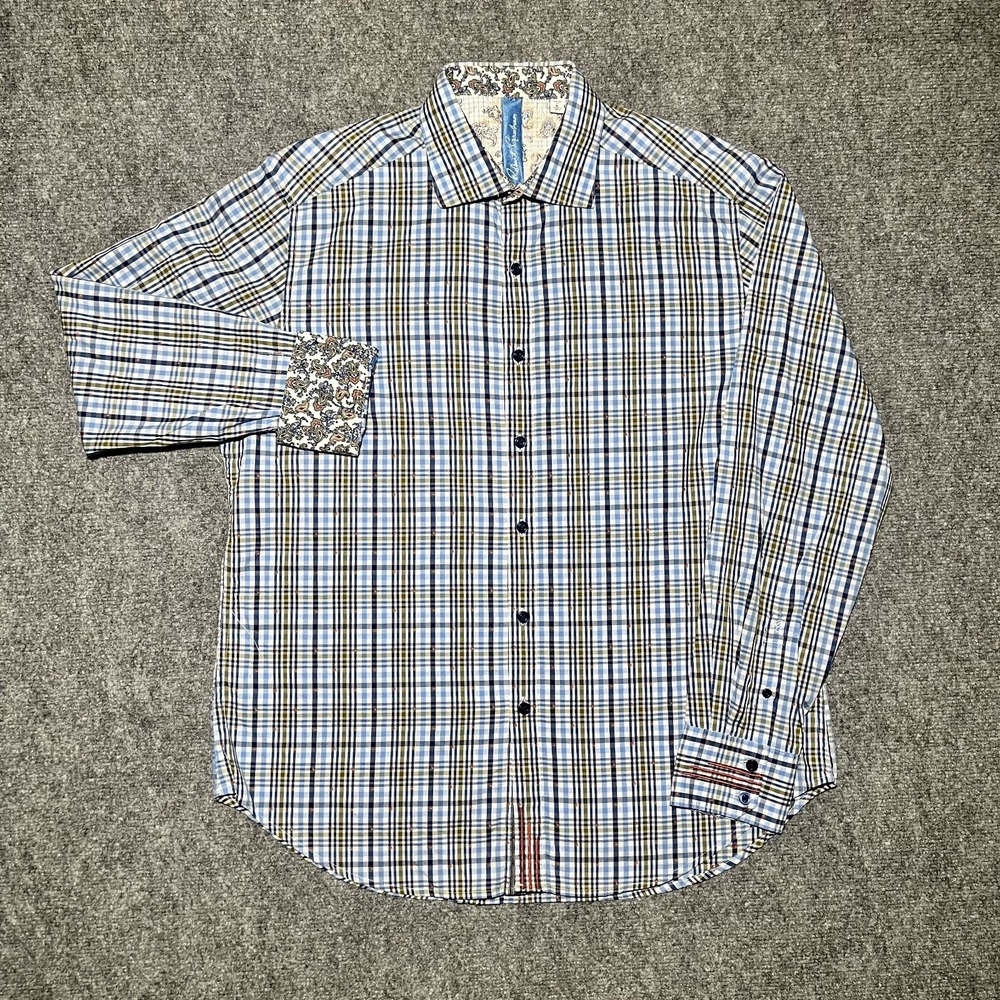 Robert Graham Button Up Paisley Plaid Flip Cuff Men Large Classic Fit Knowledge‎